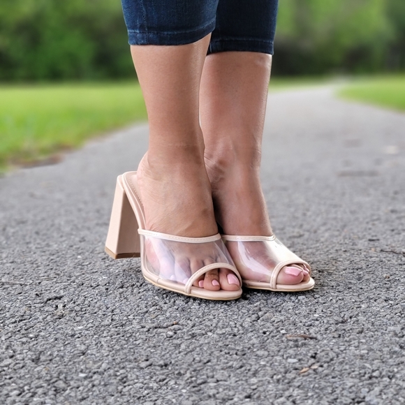 Clear Chunky Block Mid Heel Mule Sandals Nude Color - Picture 4 of 8